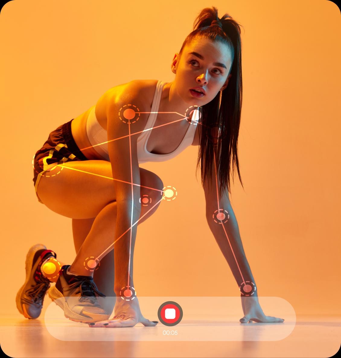 Athlete in starting position with motion-tracking overlay